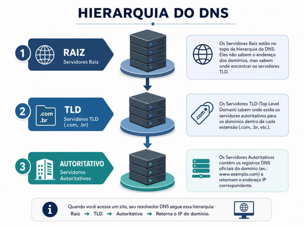 Um infográfico claro e didático que ilustra a hierarquia do sistema DNS. No topo, um ícone de globo terrestre e o texto "RAIZ - Servidores Raiz" representam o nível mais alto. Abaixo, setas indicam a progressão para o próximo nível, onde um ícone de domínio (.com, .br) e o texto "TLD - Servidores TLD (.com, .br)" são exibidos. Mais abaixo, setas apontam para o nível final, com um ícone de prédio e o texto "AUTORITATIVO - Servidores Autoritativos". Ao lado de cada nível, há uma breve explicação de sua função. Na parte inferior, uma linha do tempo com ícones resume o fluxo de uma consulta DNS: Raiz -> TLD -> Autoritativo -> Retorna o IP do domínio. O design é limpo, com cores sóbrias e texto em português, facilitando a compreensão da estrutura distribuída do DNS.