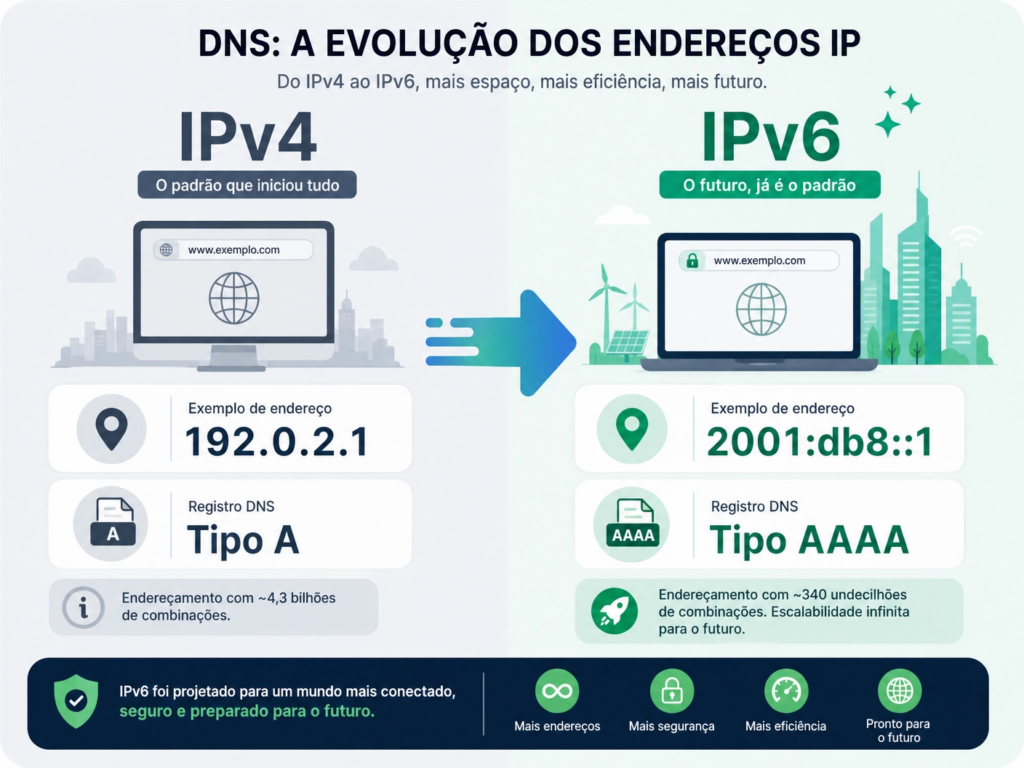 Comparativo DNS IPv4 (Tipo A) e IPv6 (Tipo AAAA).