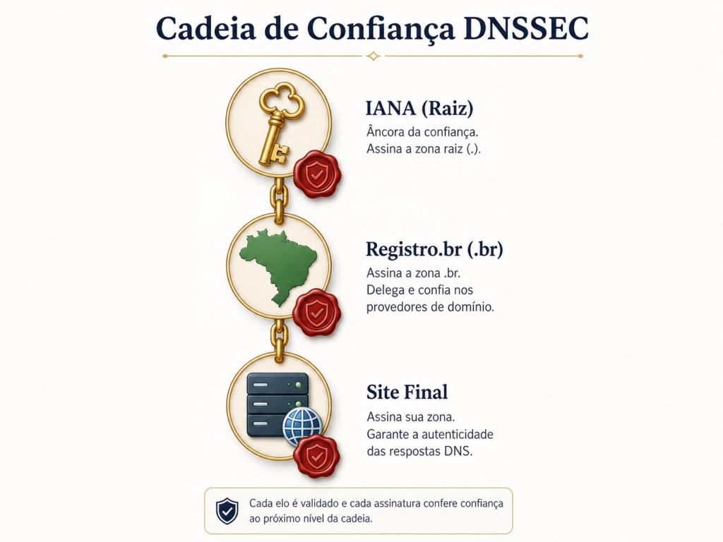 Infográfico da Cadeia de Confiança DNSSEC mostrando a ligação entre IANA, Registro.br e o servidor final através de chaves e selos de segurança.